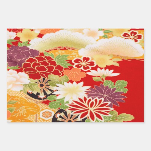 Red White Vintag Japanisch Kimono Blumendekoupage Geschenkpapier Set (Vorderseite)