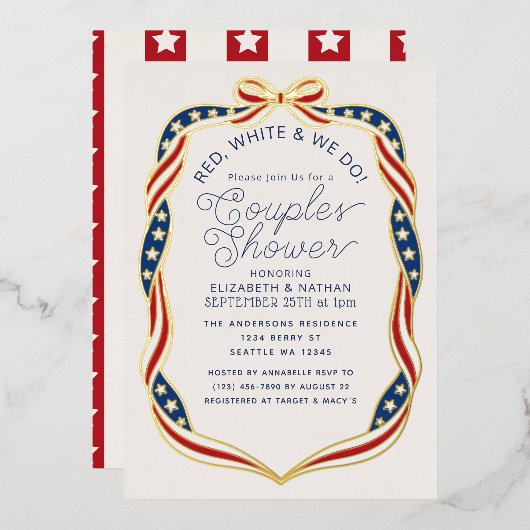 Red White & We Do Ribbon Wedding Couples Shower Folieneinladung (Vorderseite/Rückseite)
