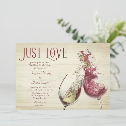 Red White Wine Dance Just Liebe Hochzeit Einladung (Stehend Vorderseite)