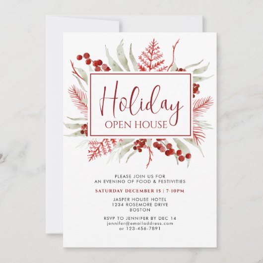 Red White Winter Botanic Holiday Open House Einladung (Vorderseite)