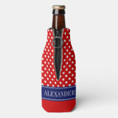 Red WhPolka Dot CB Navy Name Monogram Flaschenkühler (Flasche Rückseite)