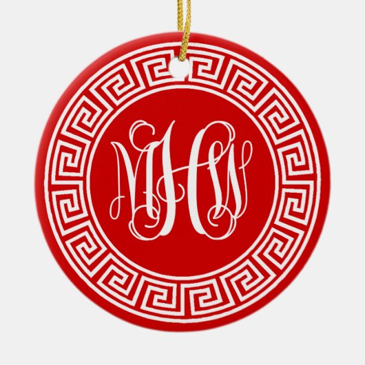 Red Wht Vine Script Monogram Font Greek Key Frame Keramik Ornament (Vorne)
