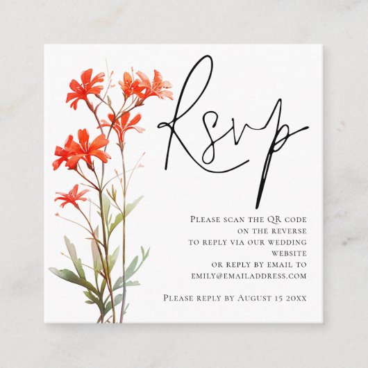 Red Wildflowers Script QR Code Wedding RSVP  Begleitkarte (Vorderseite)