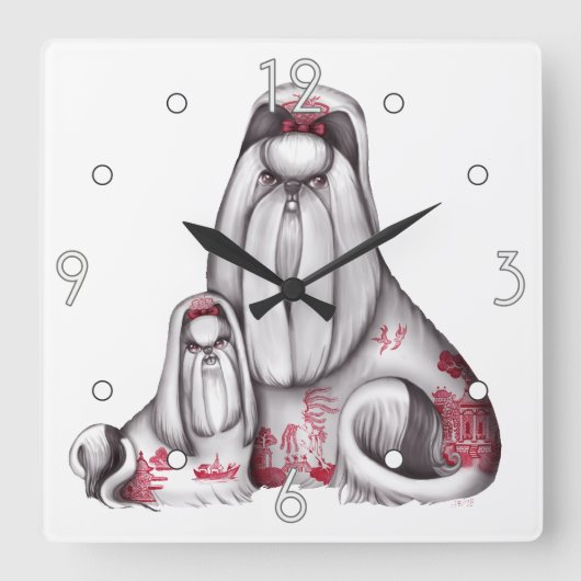 Red Willow Shih Tzus Wall Clock Quadratische Wanduhr (Vorderseite)