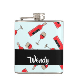 Red wine bottles and glasses pattern flachmann