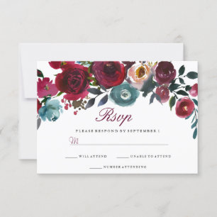 Red Wine Burgundy Floral Wedding RSVP Karte