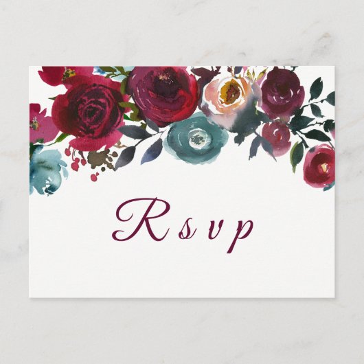 Red Wine Burgundy Floral Wedding RSVP Postkarte (Vorderseite)