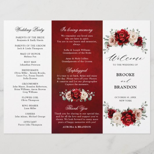 Red Wine Champagne Ivory Mauve Wedding Program (Vorderseite)