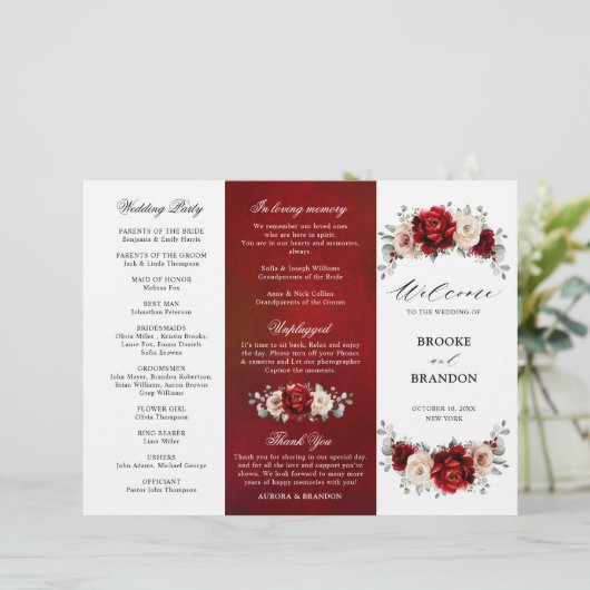 Red Wine Champagne Ivory Mauve Wedding Program (Stehend Vorderseite)