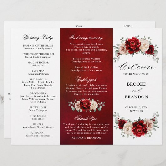 Red Wine Champagne Ivory Mauve Wedding Program (Vorne/Hinten)