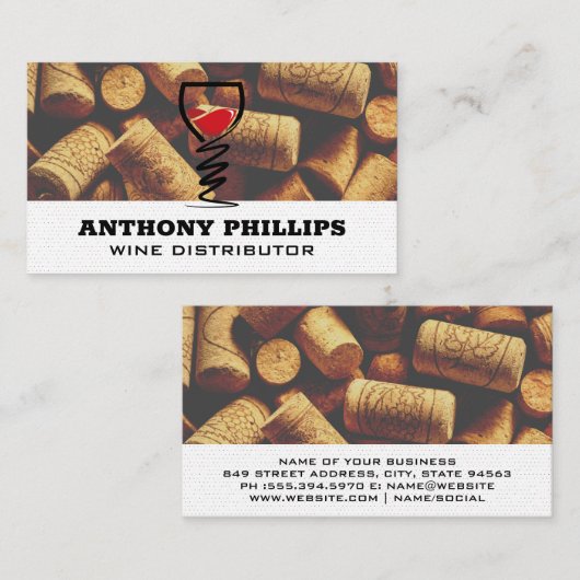 Red Wine Glass Logo | Cork Piles Background Visitenkarte (Vorne/Hinten)