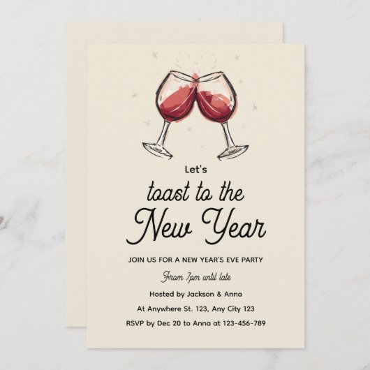 Red Wine Glasses Hand Drawn New Year's Eve Party Einladung (Vorne/Hinten)
