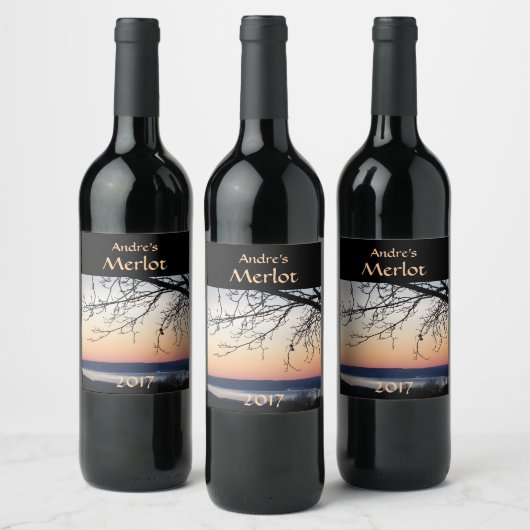 Red Wine Label Sunset Lake Weinetikett (Flaschen)