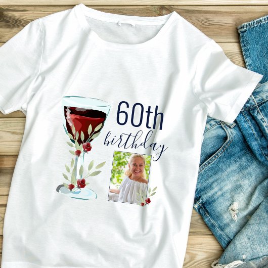 Red Wine Rose Watercolor Photo 60th Birthday T-Shirt