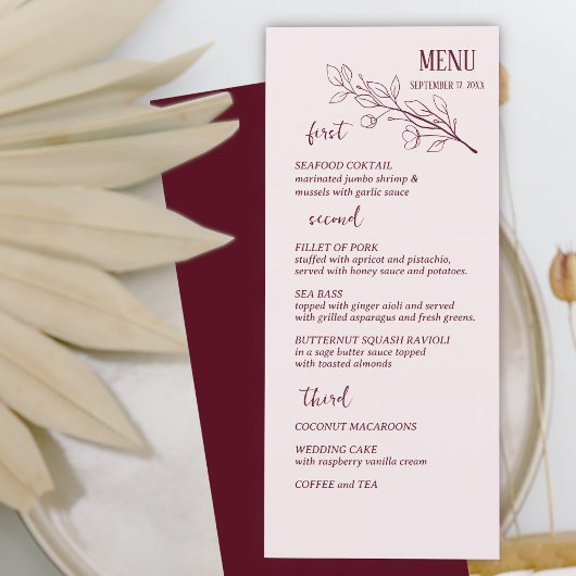 Red Wine Simple Boho Floral Wedding Menu Menükarte