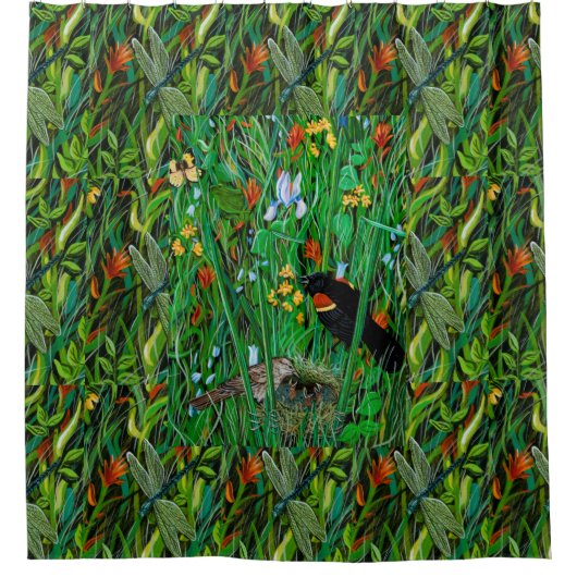 "Red Wing Blackbird & Dragonfly" Duschvorhang (Vorderseite)