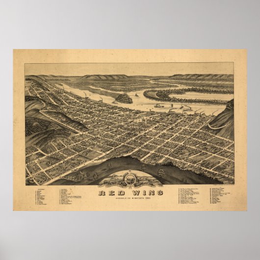 Red Wing Minnesota 1880 Antique Panoramabalkarte Poster (Vorne)