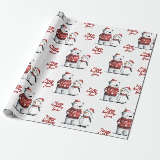 Red Winter Bear & Snowmen | Winter Geschenkpapier (Ungerollt)
