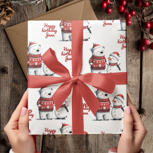 Red Winter Bear & Snowmen | Winter Geschenkpapier
