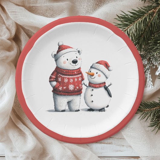 Red Winter Bear & Snowmen | Winter Wonderland Pappteller