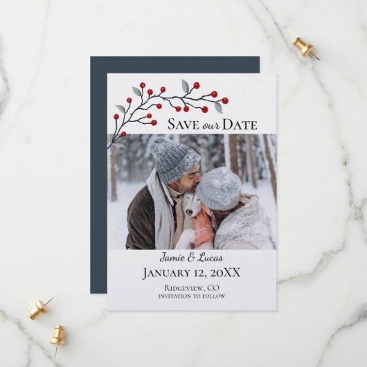 Red Winter Berries Custom Foto Save The Date (Vorderseite/Rückseite Beispiel)