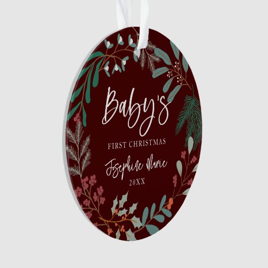 Red Winter Botanical Baby's First Christmas Ornament (Vorderseite)