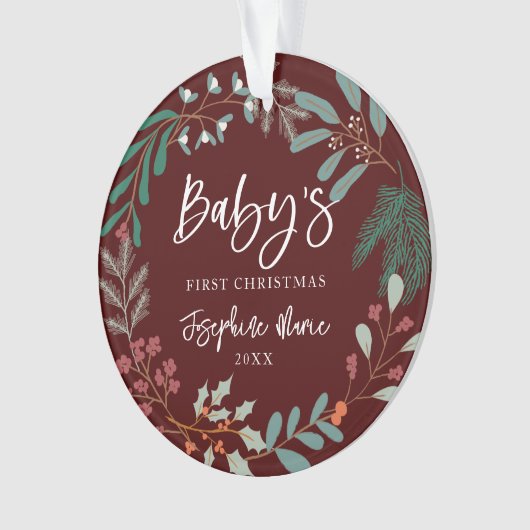 Red Winter Botanical Baby's First Christmas Ornament (Vorderseite)