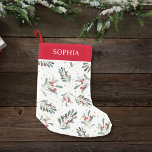 Red Winter Botanical Festive Gold Dots Individuell Kleiner Weihnachtsstrumpf<br><div class="desc">Ein lustiger,  festlicher Weihnachtsweih-Strumpf mit einem im Winter botanischen roten Beerenmuster,  das von Imitaten mit Goldpolka-Punkten betont wird. Fügen Sie einen Namen hinzu,  um sich zu personalisieren - perfekt für Kinder und Erwachsene gleichermaßen.</div>