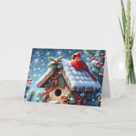 Red Winter Cardinal on Birdhouse Christmas Feiertagskarte