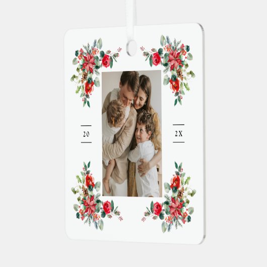 Red Winter Florals Foto Ornament Aus Metall (Vorderseite links)