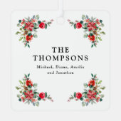 Red Winter Florals Foto Ornament Aus Metall (Rückseite)