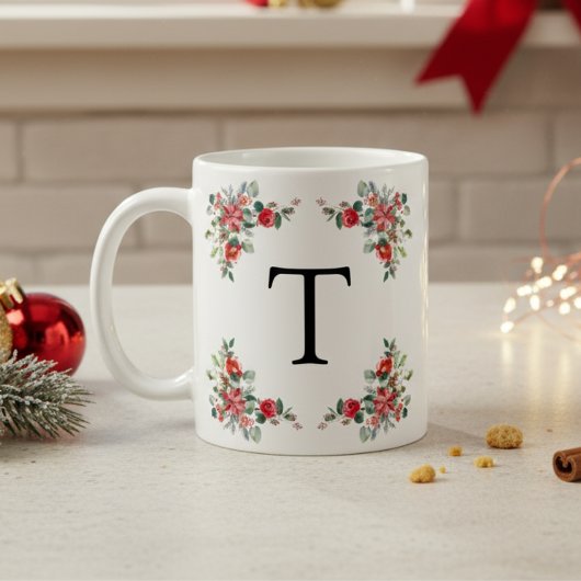 Red Winter Florals Monogram Kaffeetasse