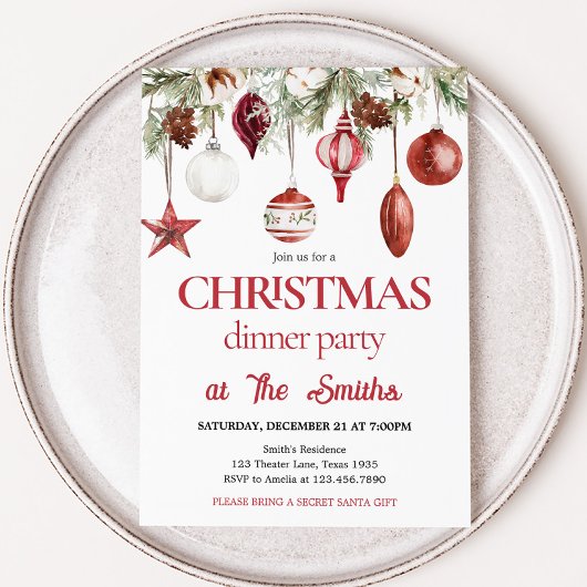 Red Winter Ornaments Abendessen Weihnachts Party Einladung