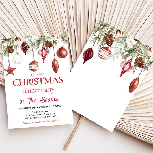 Red Winter Ornaments Abendessen Weihnachts Party Einladung