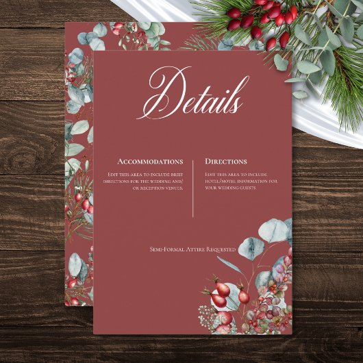 Red Winter Pine Berries Eucalyptus Wedding Begleitkarte