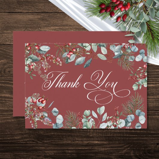 Red Winter Pine Berries Eucalyptus Wedding Dankeskarte