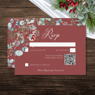Red Winter Pine Berries Eucalyptus Wedding RSVP Karte
