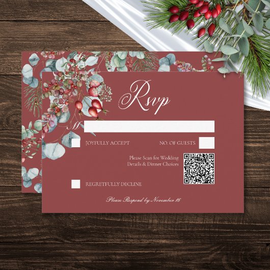 Red Winter Pine Berries Eucalyptus Wedding RSVP Karte