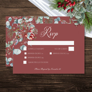 Red Winter Pine Berries Eucalyptus Wedding RSVP Karte