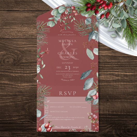 Red Winter Pine Berries Eukalyptus Kein Abendessen All In One Einladung