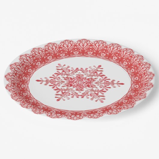 Red Winter Snowflake Lace Edge Pappteller (Schrägansicht)