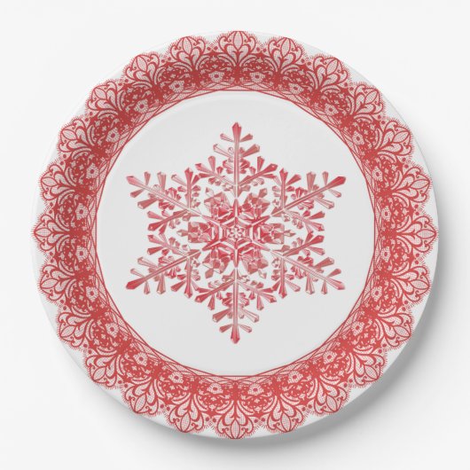 Red Winter Snowflake Lace Edge Pappteller (Vorderseite)