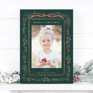Red Winterberry Frame Green Christmas Foto Feiertagskarte