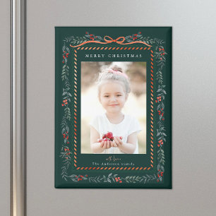 Red Winterberry Frame Green Christmas Foto Magnet