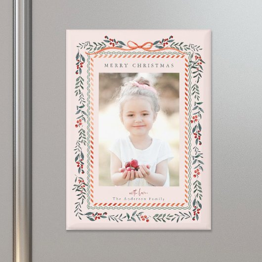 Red Winterberry Frame Pink Weihnachts-Foto Magnet