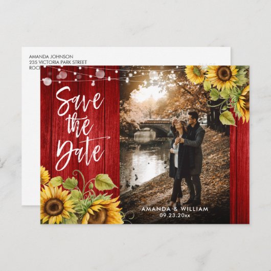 Red Wood Sunflower Wedding Foto Save the Date Ankündigungspostkarte (Vorne/Hinten)