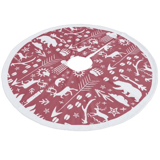 Red Woodland Deer Bear Tracks Frohe Weihnachten Fleece Weihnachtsbaumdecke (Schrägansicht)