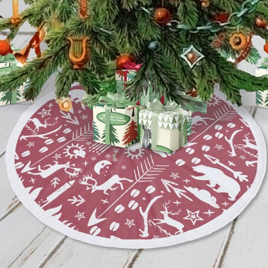 Red Woodland Deer Bear Tracks Frohe Weihnachten Fleece Weihnachtsbaumdecke