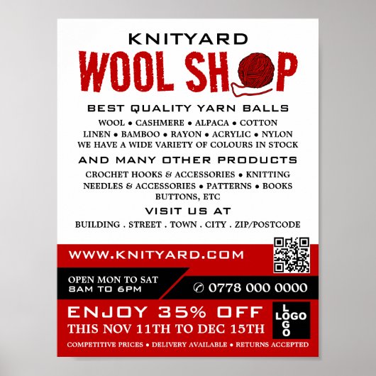 Red Wool Shop Logo, Knitter Store, Garnspeicher Poster (Vorne)