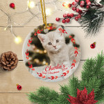 Red Wreath Cat First Christmas Einfaches Foto Keramik Ornament<br><div class="desc">Red Wreath Cat First Christmas Einfaches Foto Keramik</div>